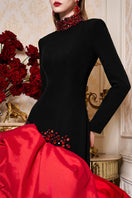 Elegant I.H.F gown with high neckline and draped taffeta hem, showcasing a sophisticated formal evening dress.