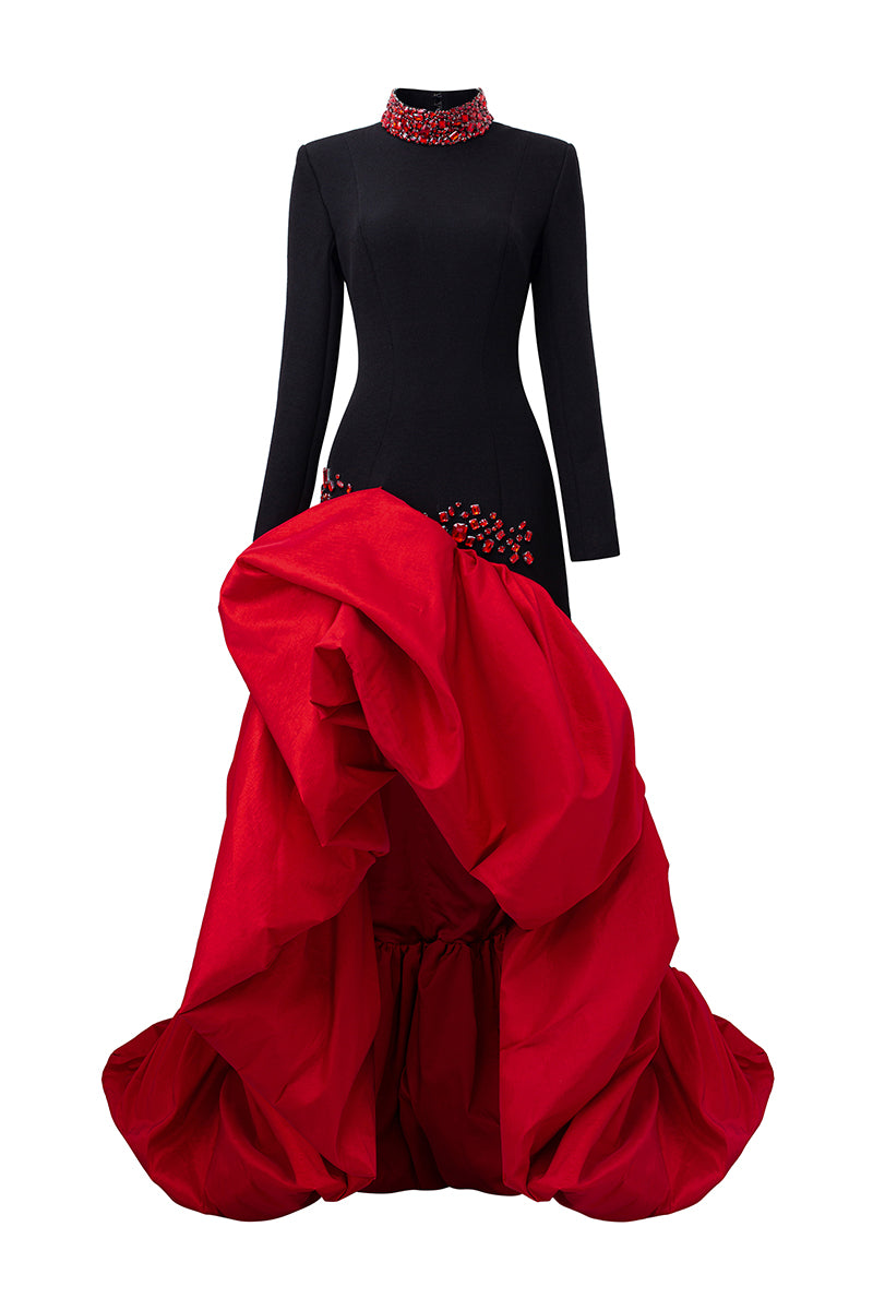 HIGH NECKLINE GOWN WITH DRAPED TAFFETA HEM - CULT MIA