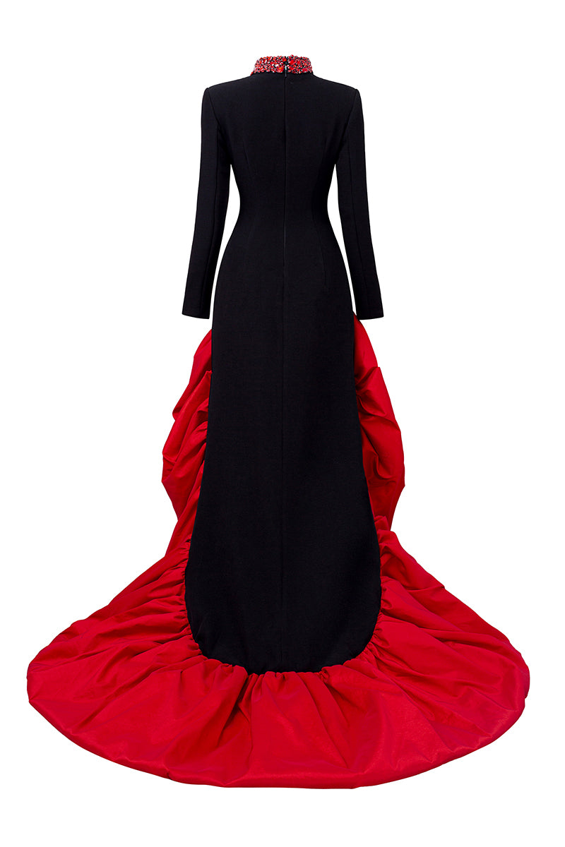 HIGH NECKLINE GOWN WITH DRAPED TAFFETA HEM - CULT MIA