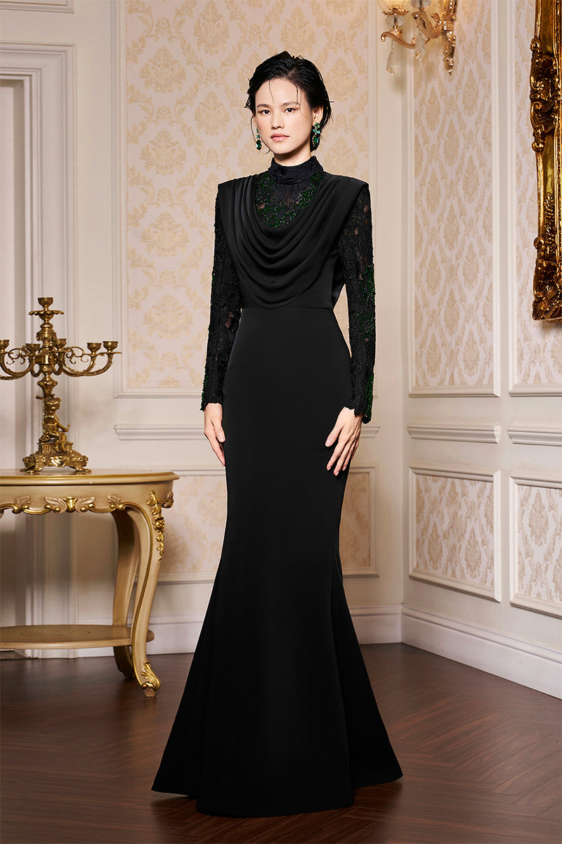 BLACK DRAPED NECK MERMAID GOWN IN LACE AND VELVET CREPE | CULT MIA BLACK DRAPED NECK MERMAID GOWN IN LACE AND VELVET CREPE | CULT MIA
