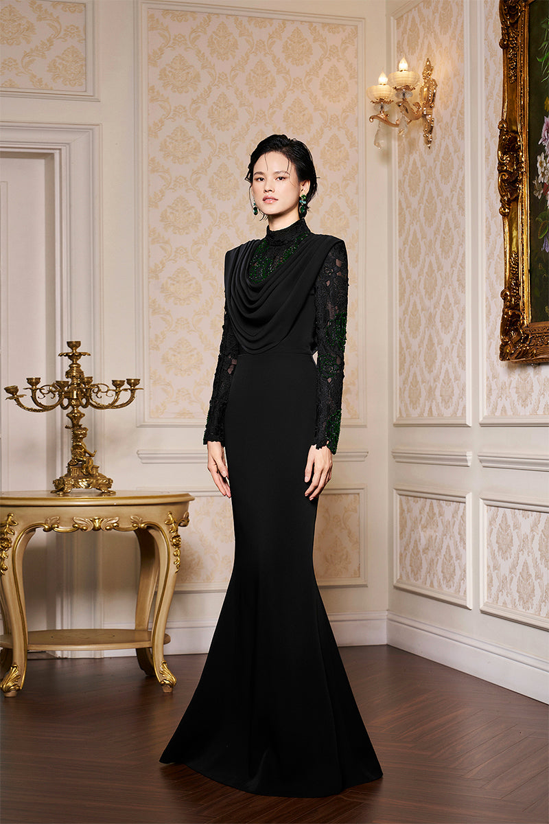 BLACK DRAPED NECK MERMAID GOWN IN LACE AND VELVET CREPE - CULT MIA