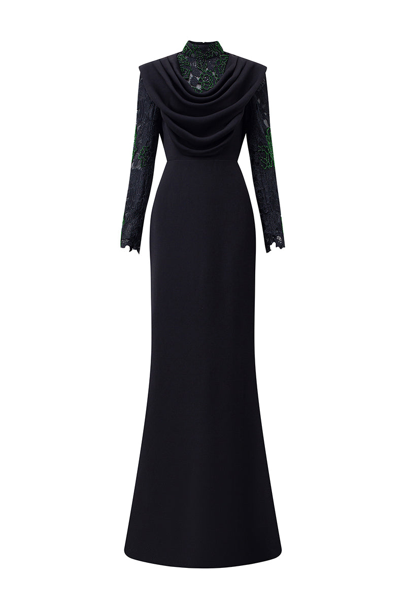 BLACK DRAPED NECK MERMAID GOWN IN LACE AND VELVET CREPE | CULT MIA