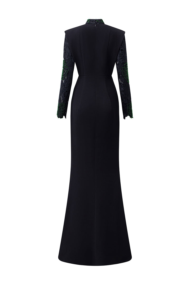 BLACK DRAPED NECK MERMAID GOWN IN LACE AND VELVET CREPE | CULT MIA | I.H.F BLACK DRAPED NECK MERMAID GOWN IN LACE AND VELVET CREPE | CULT MIA | I.H.F