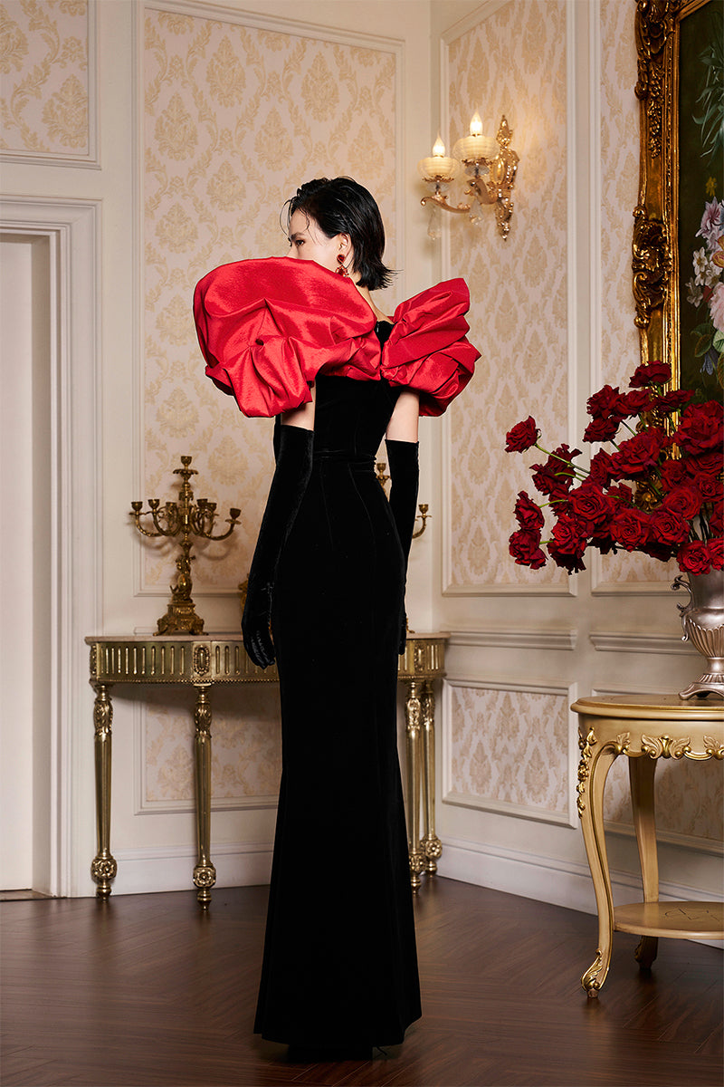 STRAPLESS BLACK VELVET GOWN WITH DRAPED SHOULDER DETAILS - CULT MIA