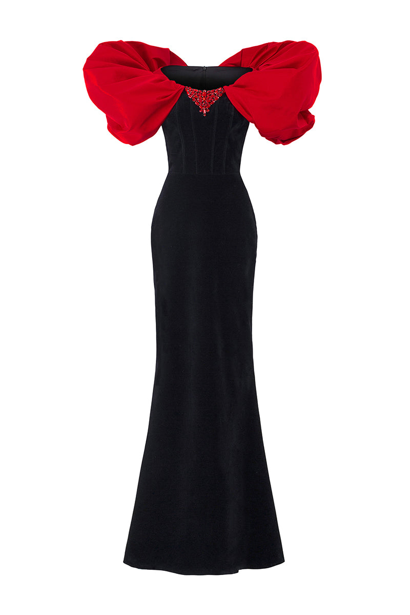 STRAPLESS BLACK VELVET GOWN WITH DRAPED SHOULDER DETAILS - CULT MIA