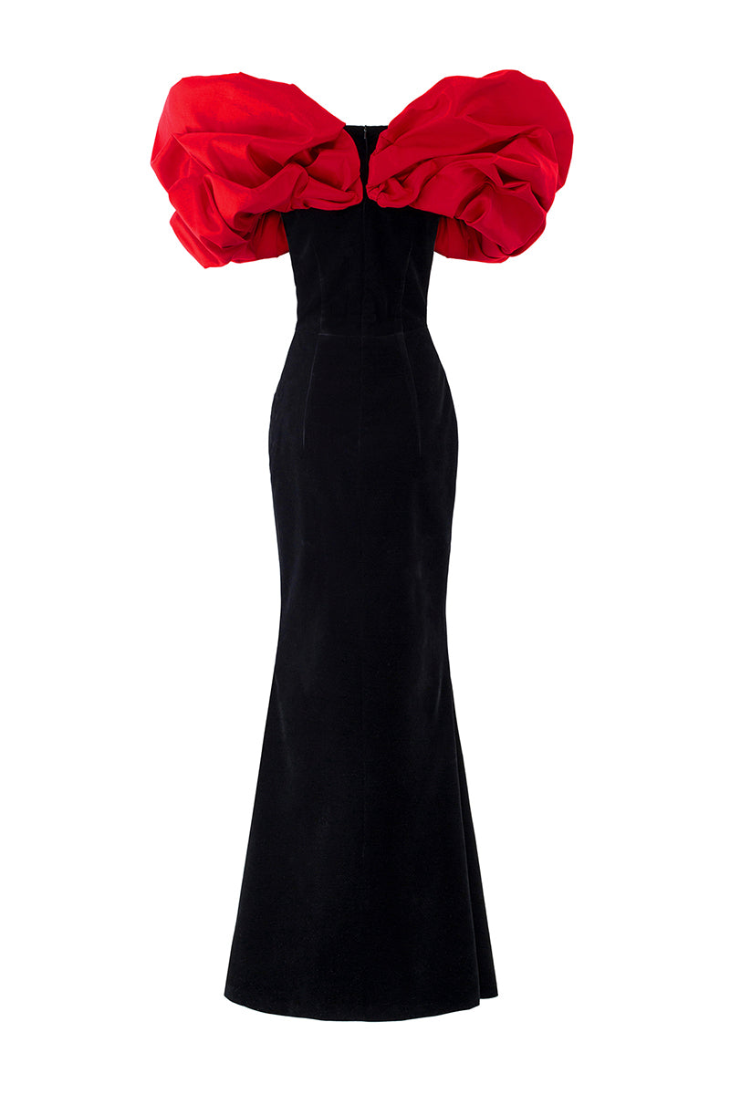 STRAPLESS BLACK VELVET GOWN WITH DRAPED SHOULDER DETAILS - CULT MIA