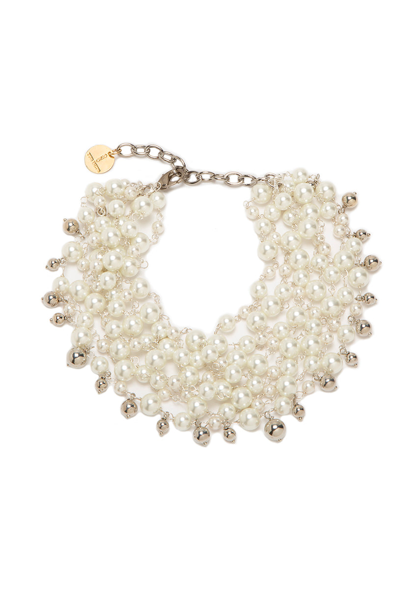 Silvia Gnecchi MIRU pearl and silver necklace featuring layered pearl and silver chain design, elegant jewelry accessory.