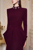 I.H.F de-constructed collar gown with draped waist, flowing fabric, and elegant silhouette, perfect for formal occasions.