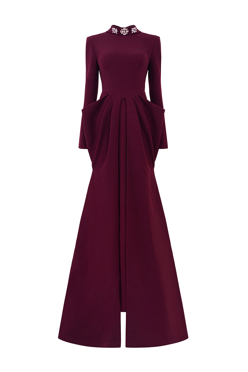 I.H.F de-constructed collar gown with draped waist, elegant evening dress featuring modern design and flowing fabric.