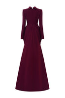 I.H.F de-constructed collar gown with draped waist, flowing fabric and elegant silhouette, perfect for formal occasions.