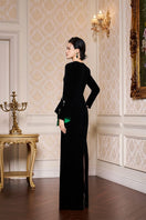 Black Queen Anne neckline velvet gown with draped waist by I.H.F, elegant evening dress featuring a fitted silhouette and luxurious fabric.