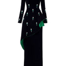 Black Queen Anne neckline velvet gown with draped waist from I.H.F, featuring elegant design and luxurious fabric.