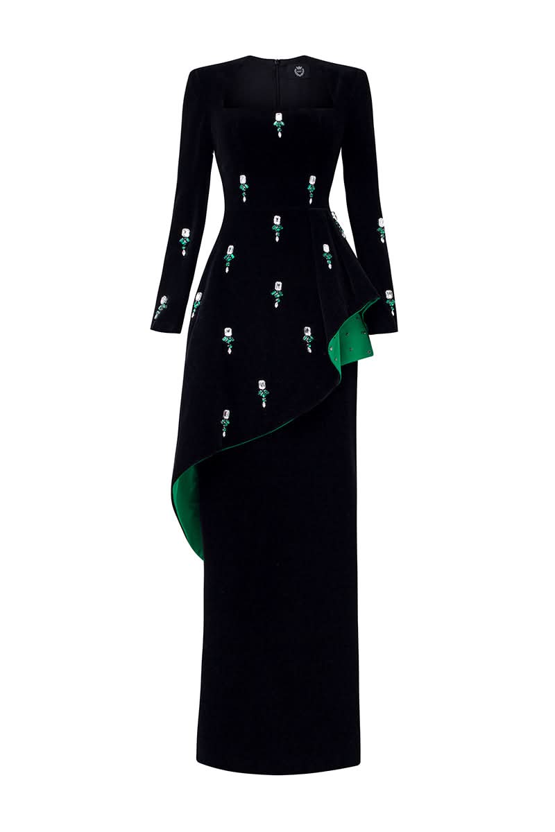 BLACK QUEEN ANNE NECKLINE AND DRAPED WAIST VELVET GOWN - CULT MIA