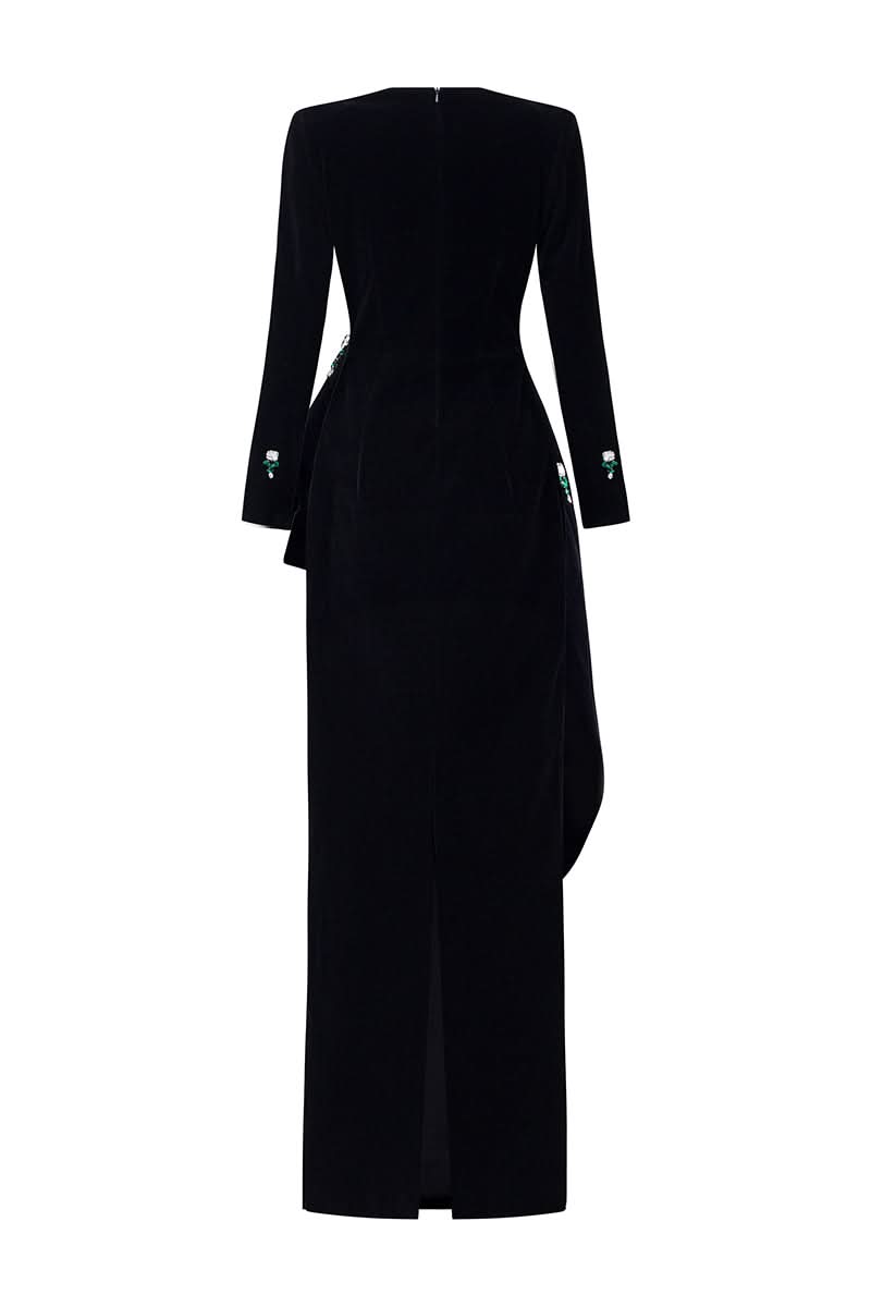 BLACK QUEEN ANNE NECKLINE AND DRAPED WAIST VELVET GOWN - CULT MIA