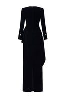 Black Queen Anne neckline velvet gown with draped waist, elegant evening dress by I.H.F, displayed on a mannequin.