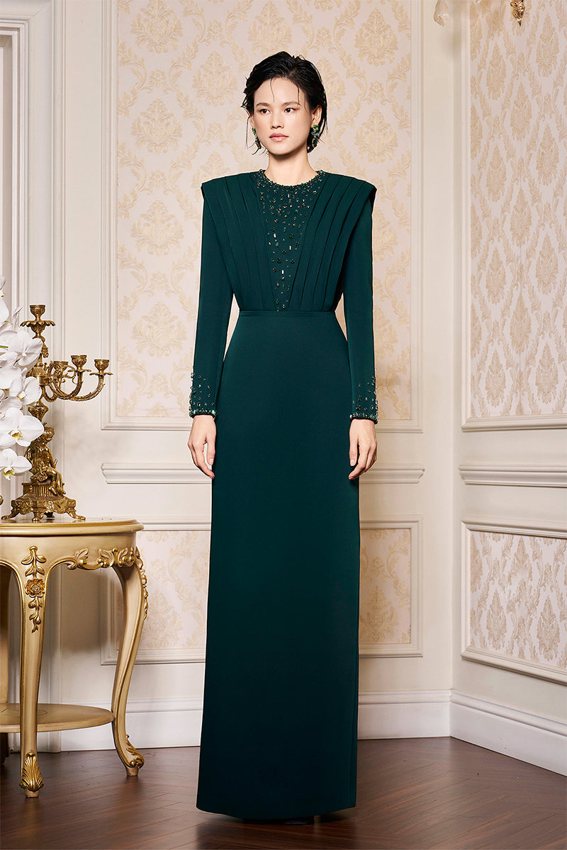 DARK GREEN LONG SLEEVES PLEATED SHOULDER GOWN - CULT MIA