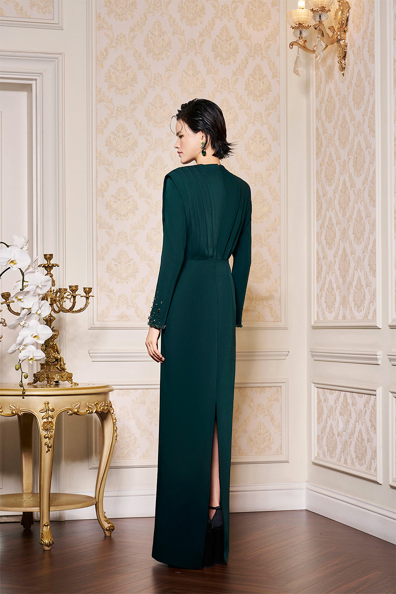 DARK GREEN LONG SLEEVES PLEATED SHOULDER GOWN - CULT MIA