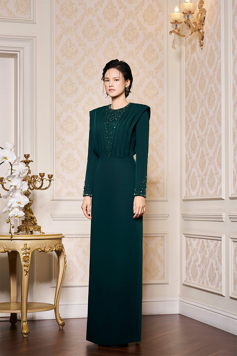 DARK GREEN LONG SLEEVES PLEATED SHOULDER GOWN - CULT MIA