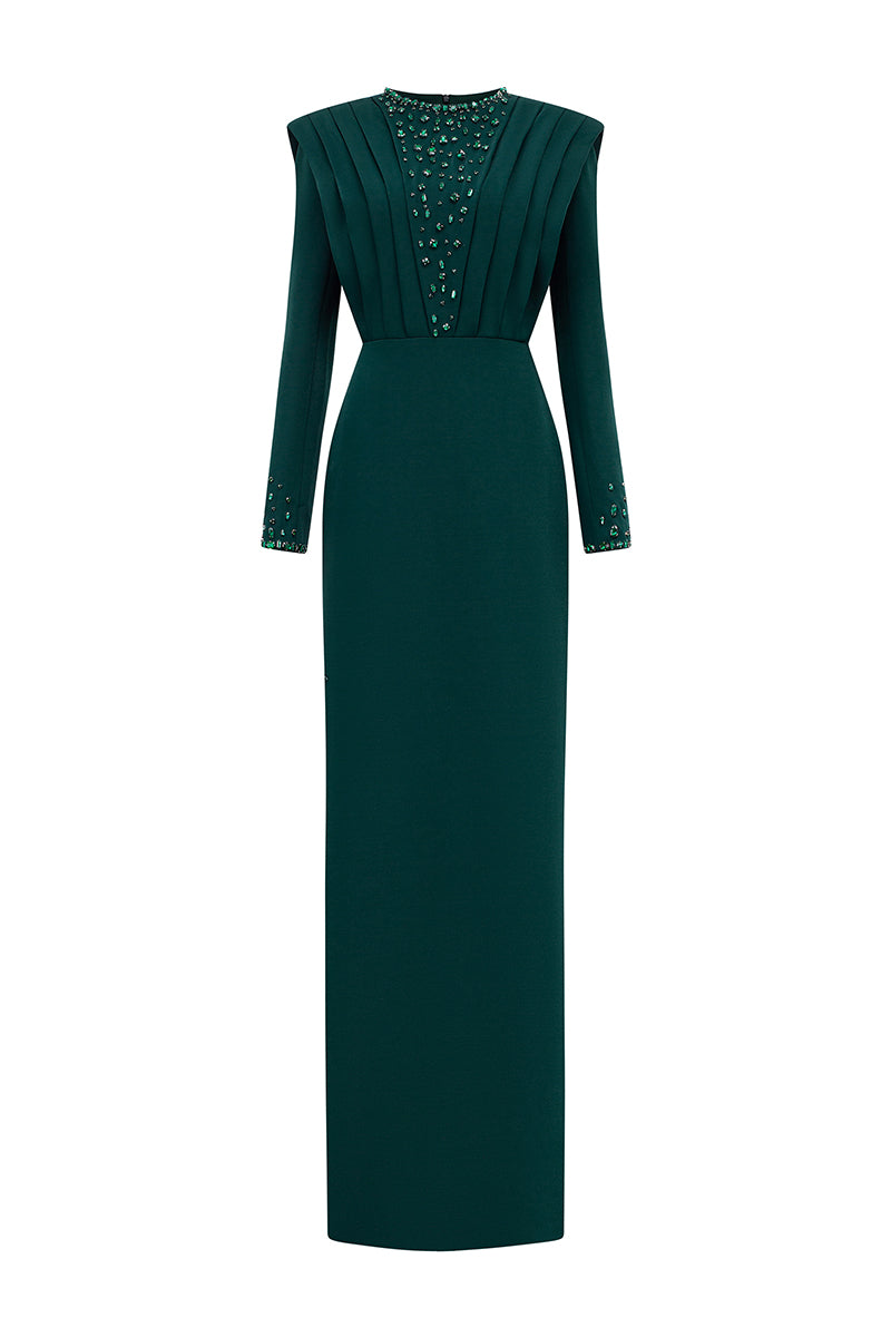 DARK GREEN LONG SLEEVES PLEATED SHOULDER GOWN - CULT MIA