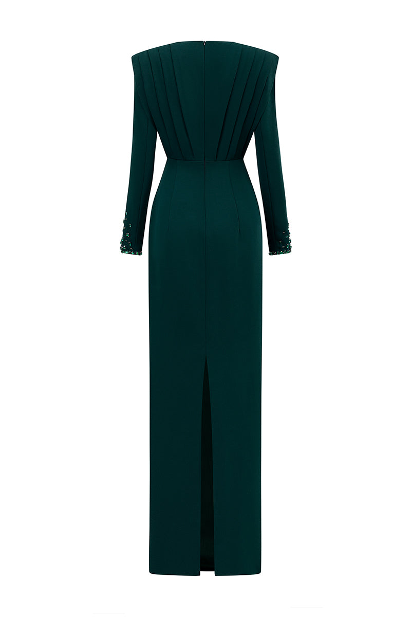 DARK GREEN LONG SLEEVES PLEATED SHOULDER GOWN - CULT MIA