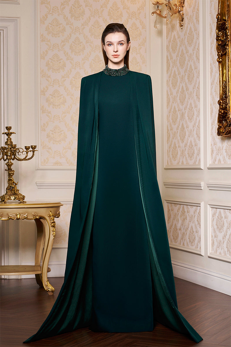 DARK GREEN HIGH-NECK GOWN WITH PLEATED LONG CAPE - CULT MIA