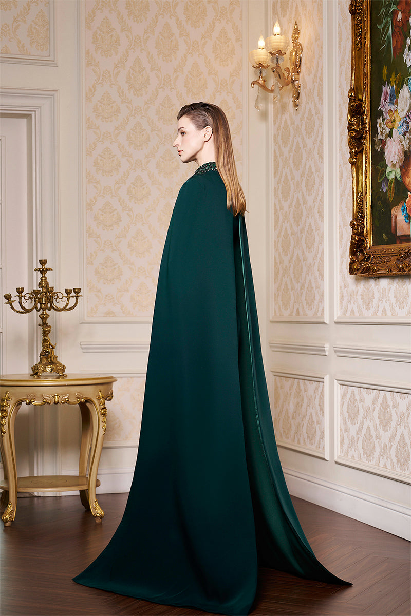 DARK GREEN HIGH-NECK GOWN WITH PLEATED LONG CAPE - CULT MIA