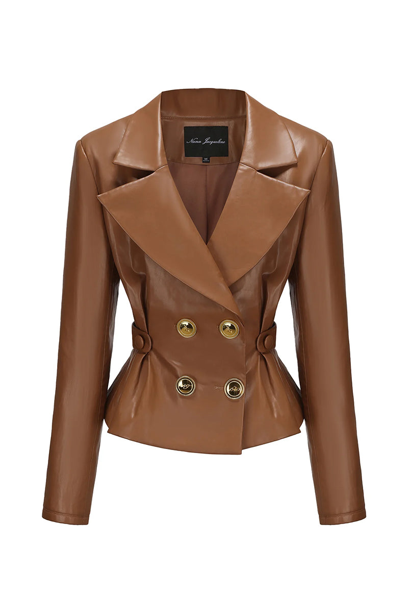 Nana Jacqueline Gina jacket in a stylish design, shown on a hanger with a close-up of the fabric and detailed stitching.