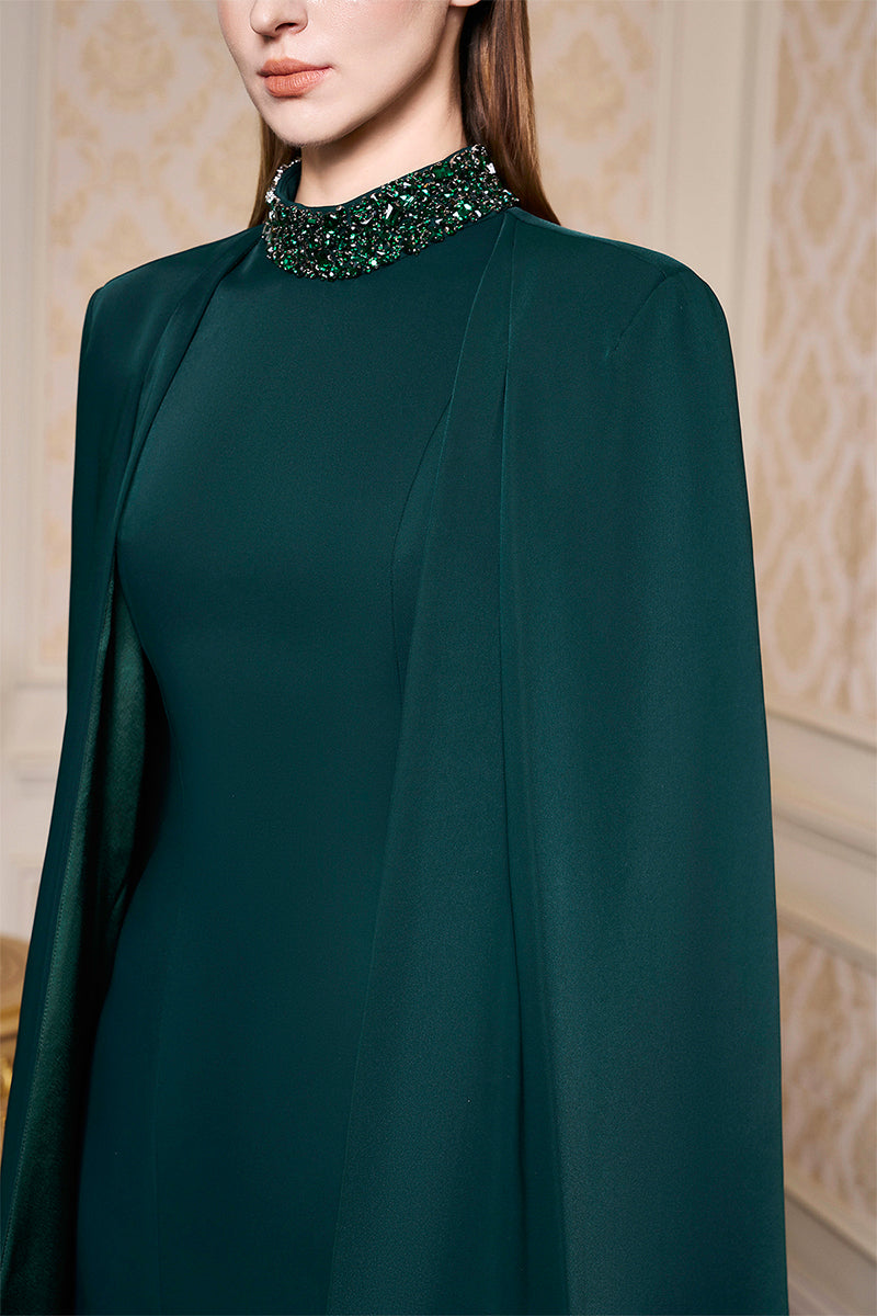 DARK GREEN HIGH-NECK GOWN WITH PLEATED LONG CAPE - CULT MIA