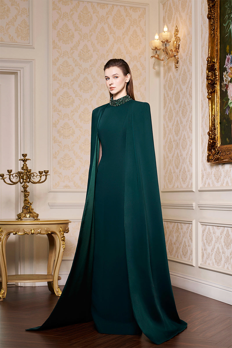 DARK GREEN HIGH-NECK GOWN WITH PLEATED LONG CAPE - CULT MIA