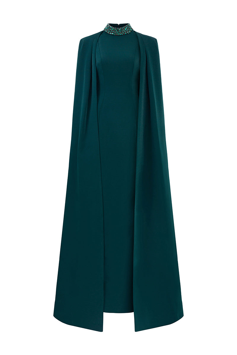 DARK GREEN HIGH-NECK GOWN WITH PLEATED LONG CAPE - CULT MIA