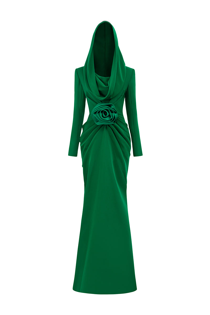 GREEN DRAPED GOWN WITH HOODIE - CULT MIA