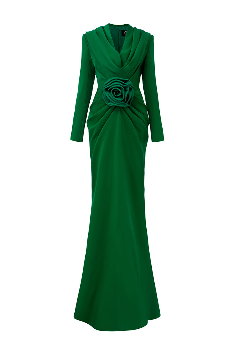 GREEN DRAPED GOWN WITH HOODIE - CULT MIA