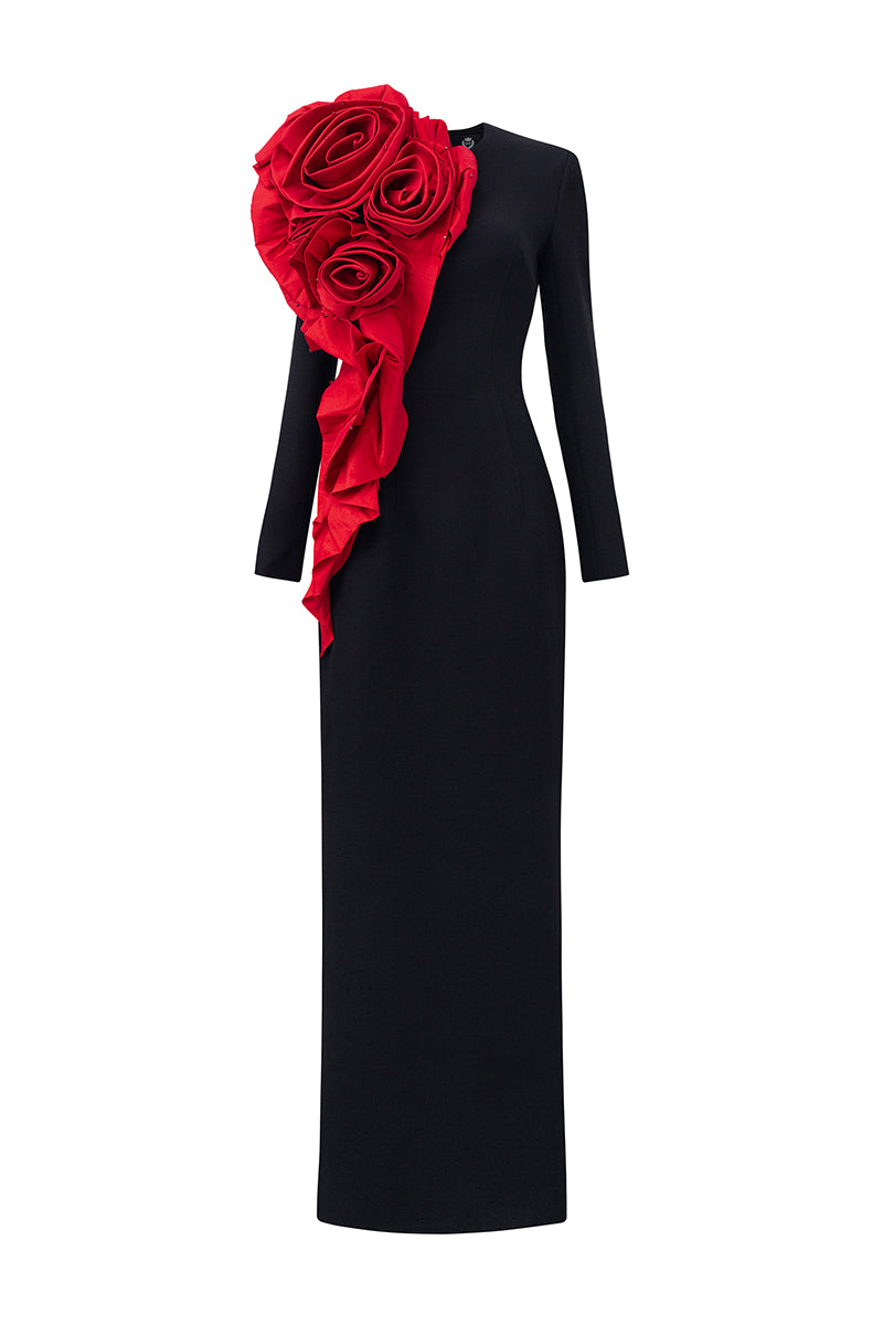 LONG SLEEVES BLACK GOWN WITH DRAPPED RED ROSES - CULT MIA