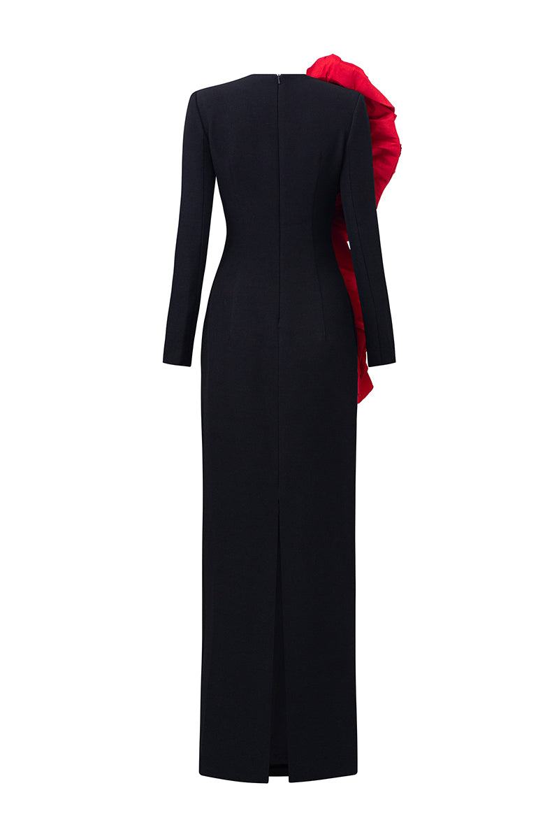 LONG SLEEVES BLACK GOWN WITH DRAPPED RED ROSES - CULT MIA