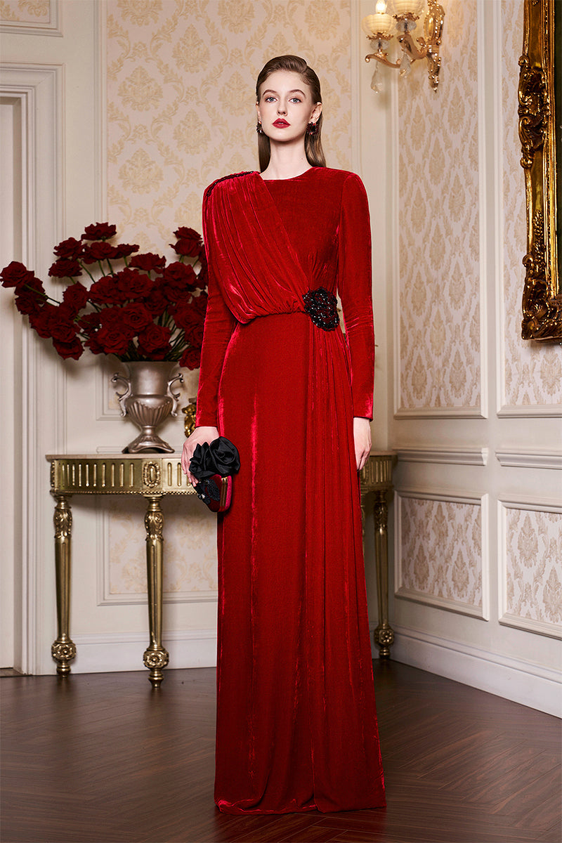 RED ROUND NECKLINE DRAPED VELVET GOWN WITH BLACK LACE - CULT MIA