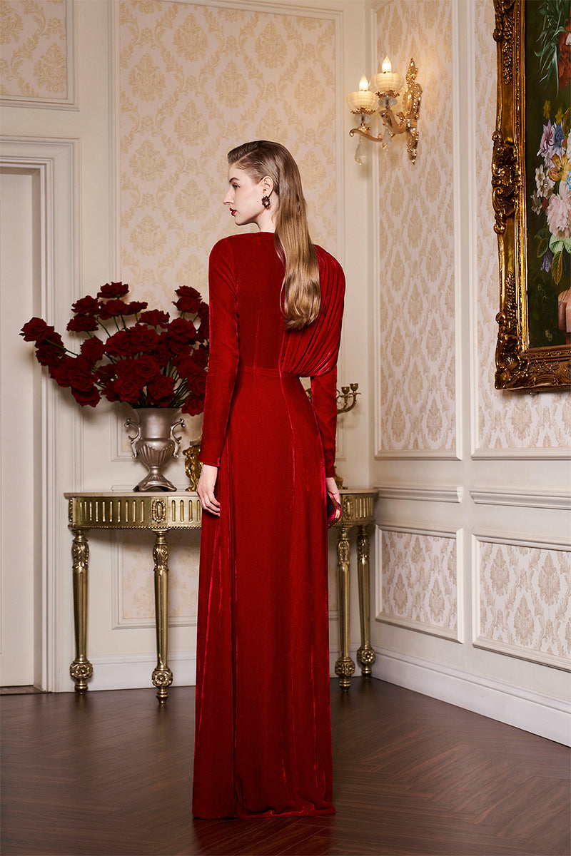 RED ROUND NECKLINE DRAPED VELVET GOWN WITH BLACK LACE - CULT MIA