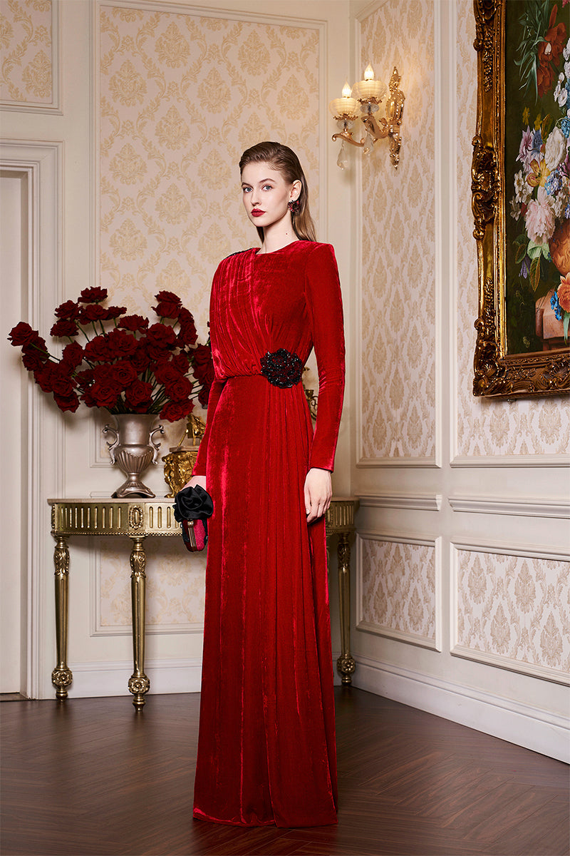 RED ROUND NECKLINE DRAPED VELVET GOWN WITH BLACK LACE - CULT MIA