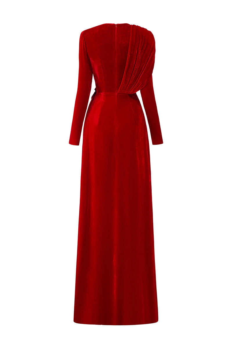 RED ROUND NECKLINE DRAPED VELVET GOWN WITH BLACK LACE - CULT MIA