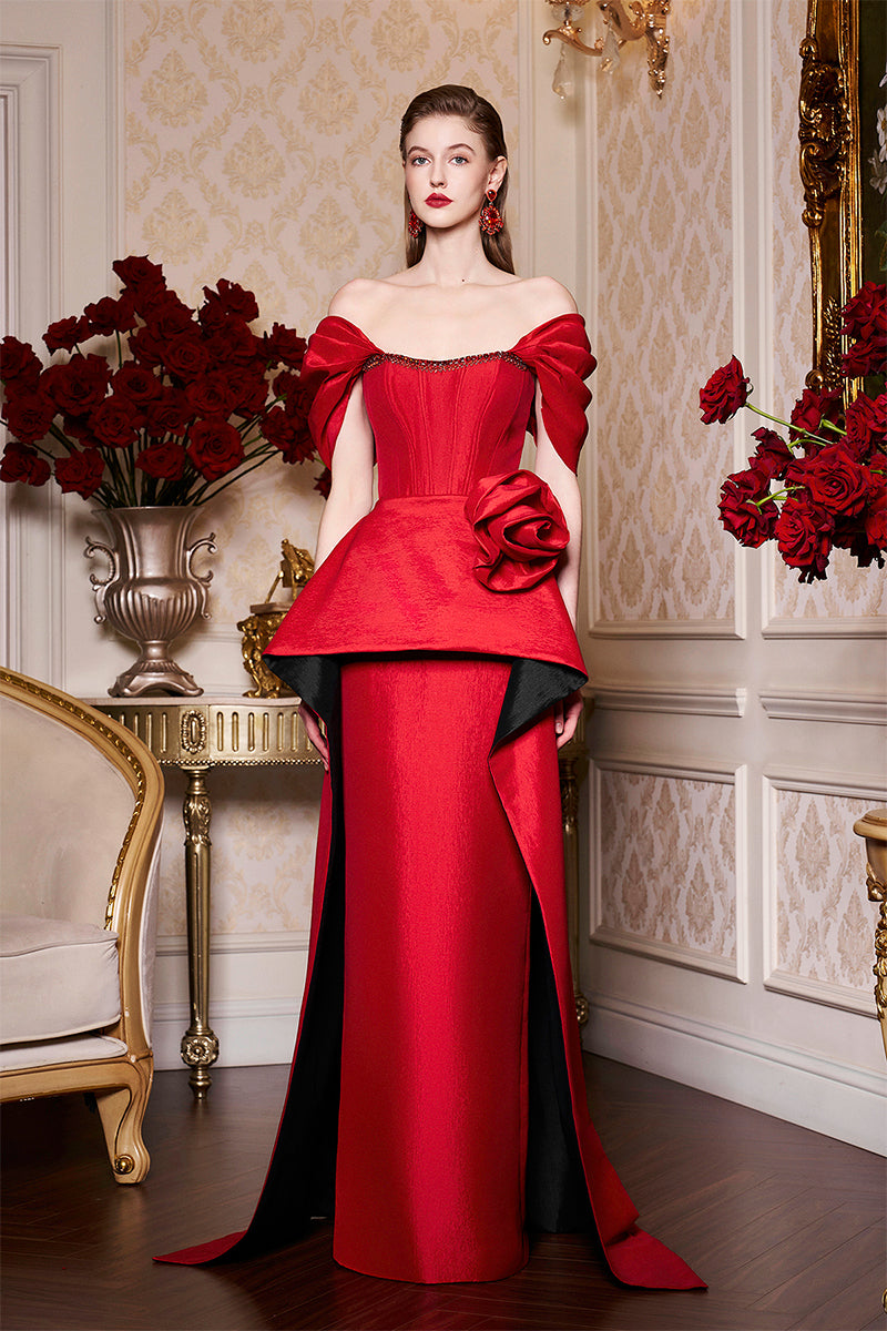RED BUSTIER DRESS WITH OFF-SHOULDER SLEEVES - CULT MIA