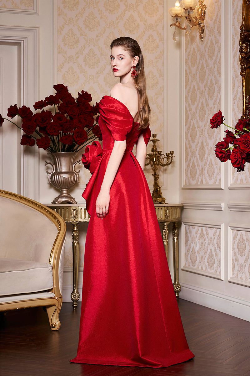 RED BUSTIER DRESS WITH OFF-SHOULDER SLEEVES - CULT MIA
