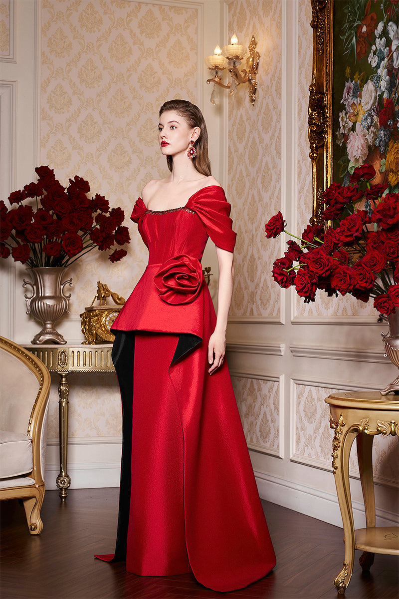 RED BUSTIER DRESS WITH OFF-SHOULDER SLEEVES - CULT MIA