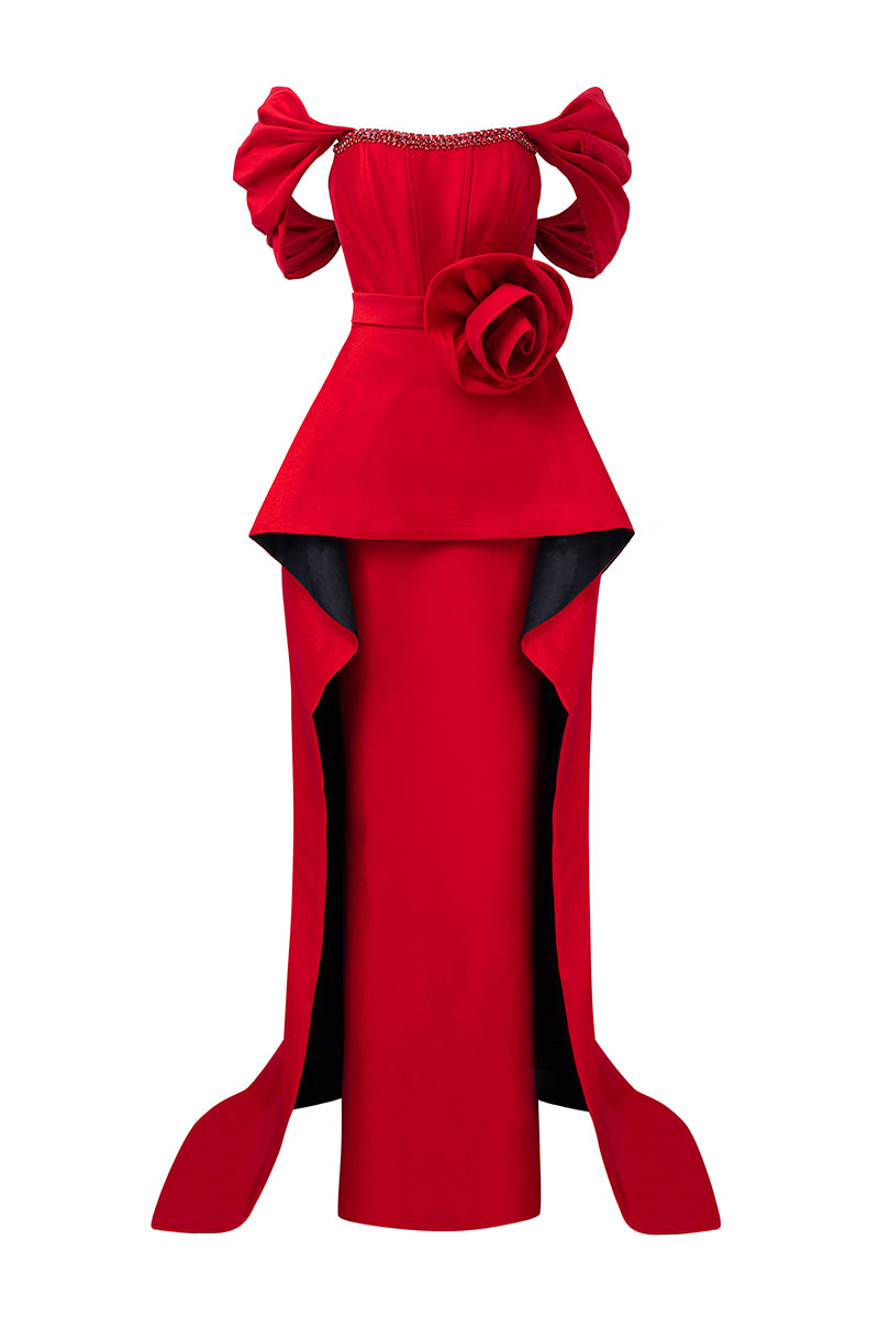 RED BUSTIER DRESS WITH OFF-SHOULDER SLEEVES - CULT MIA