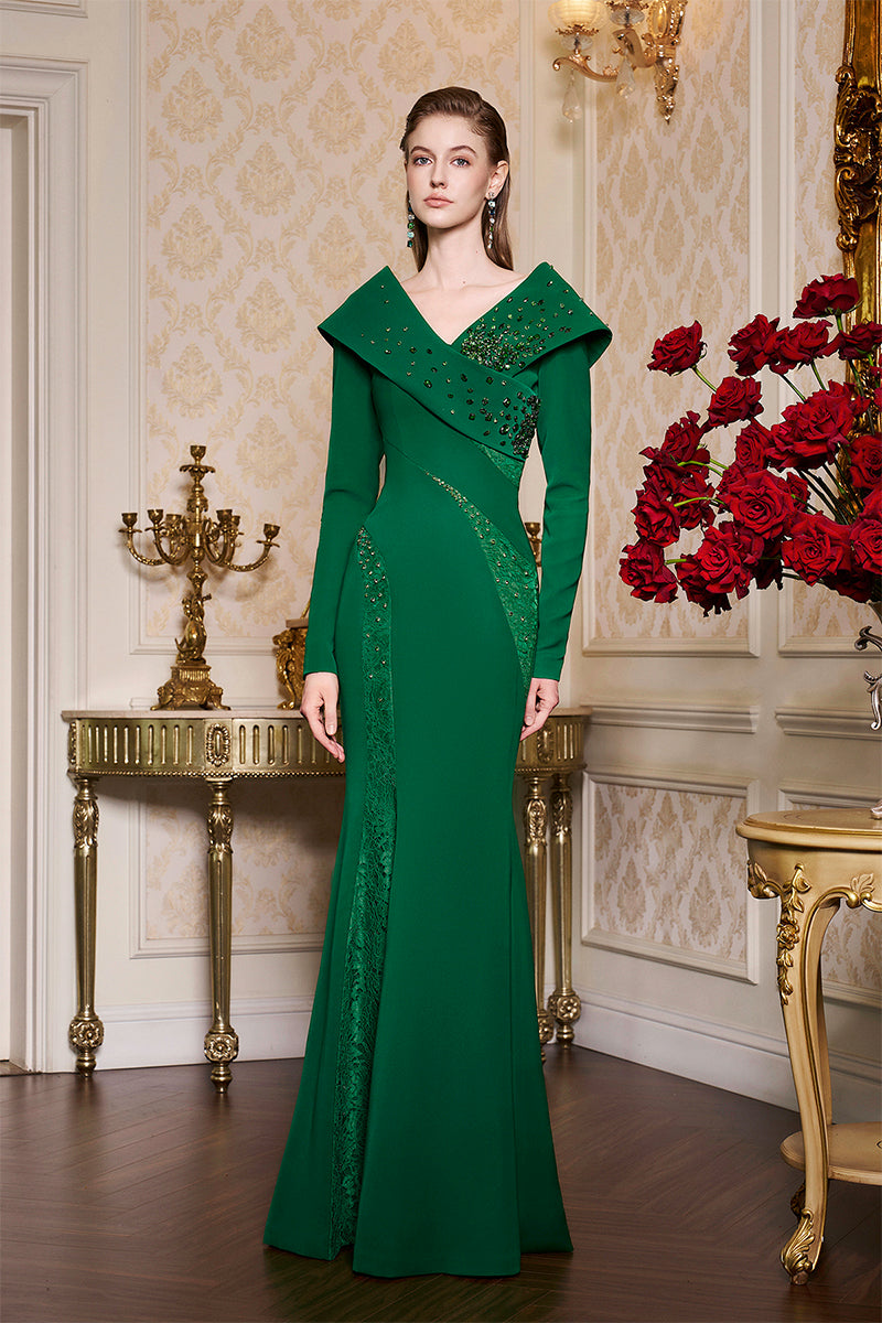 LONG SLEEVES CUT-OUT MERMAID GREEN CREPE GOWN - CULT MIA