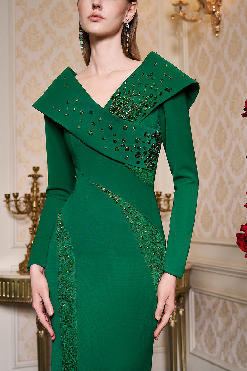 LONG SLEEVES CUT-OUT MERMAID GREEN CREPE GOWN - CULT MIA