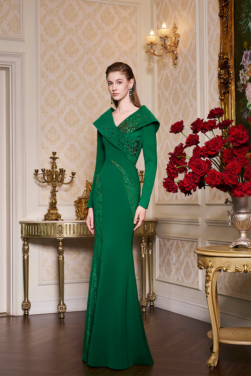 LONG SLEEVES CUT-OUT MERMAID GREEN CREPE GOWN - CULT MIA
