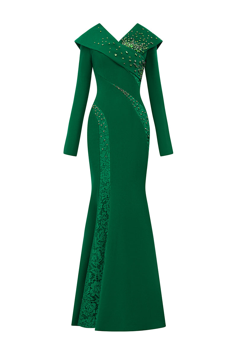 LONG SLEEVES CUT-OUT MERMAID GREEN CREPE GOWN - CULT MIA