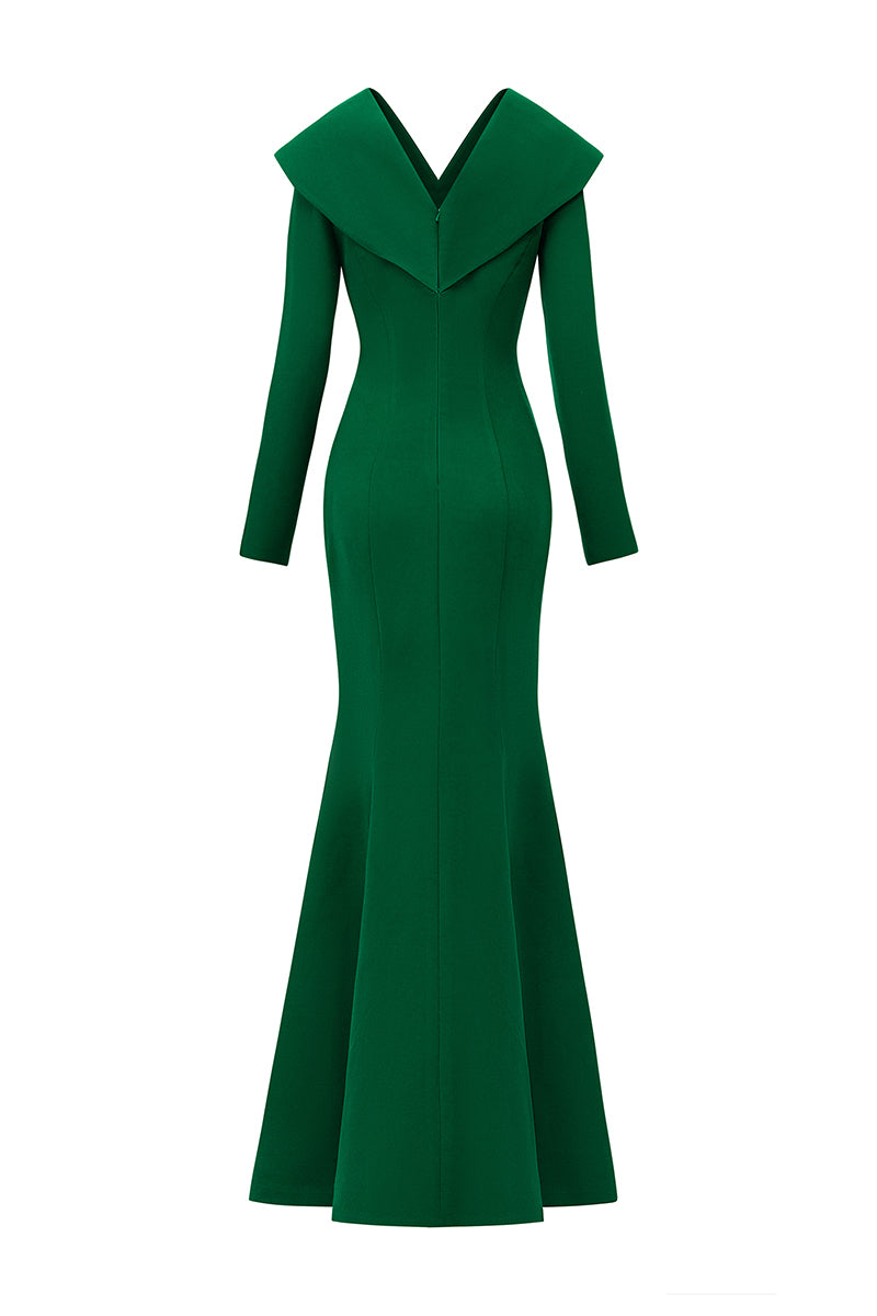 LONG SLEEVES CUT-OUT MERMAID GREEN CREPE GOWN - CULT MIA