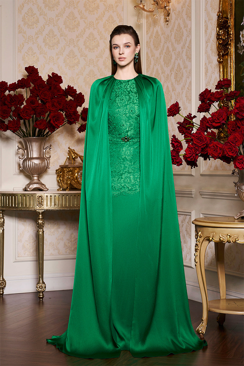 GREEN SILK AND LACE GOWN WITH PLEATED NECKLINE CAPE - CULT MIA