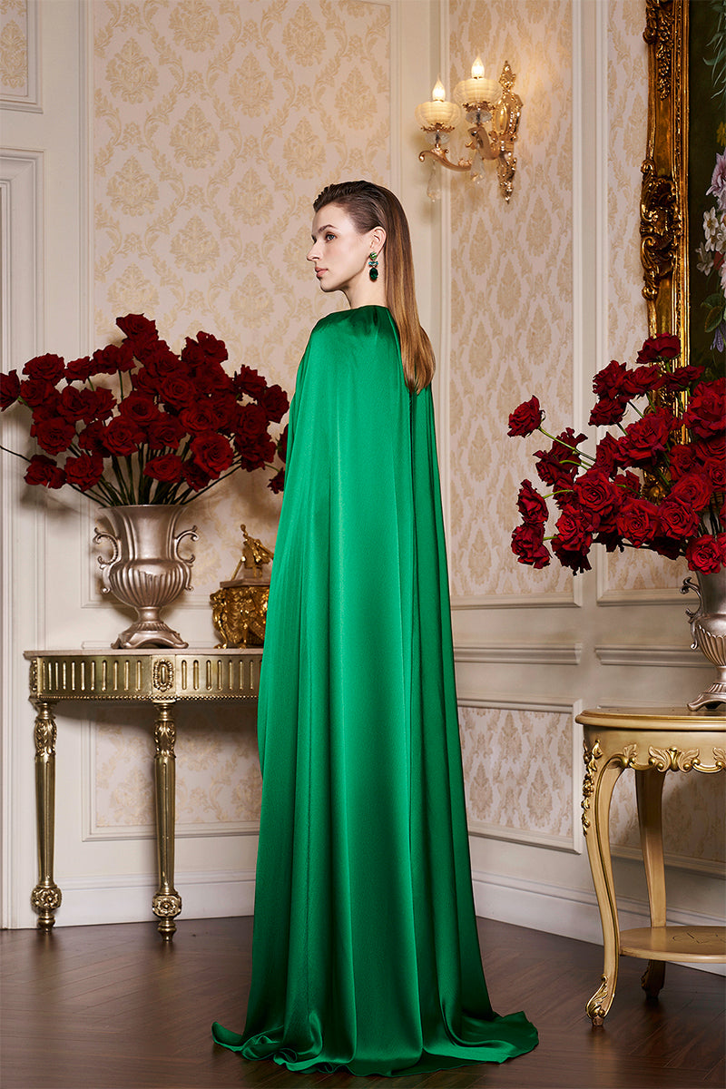GREEN SILK AND LACE GOWN WITH PLEATED NECKLINE CAPE - CULT MIA