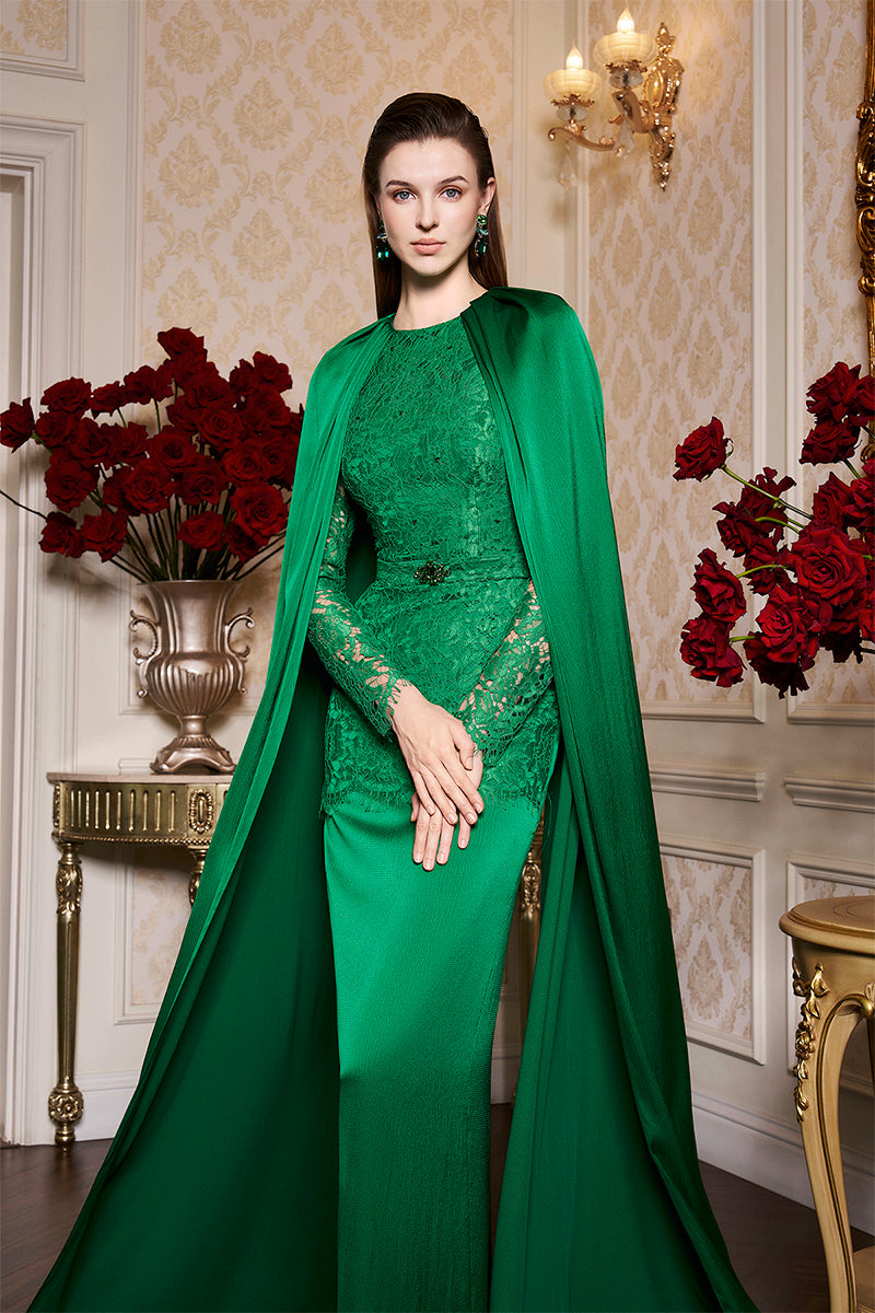 GREEN SILK AND LACE GOWN WITH PLEATED NECKLINE CAPE - CULT MIA